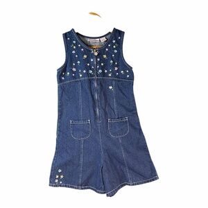 Vintage Girls Denim Romper Overalls Jumper L/14 Badge Floral Embroidered 90s
